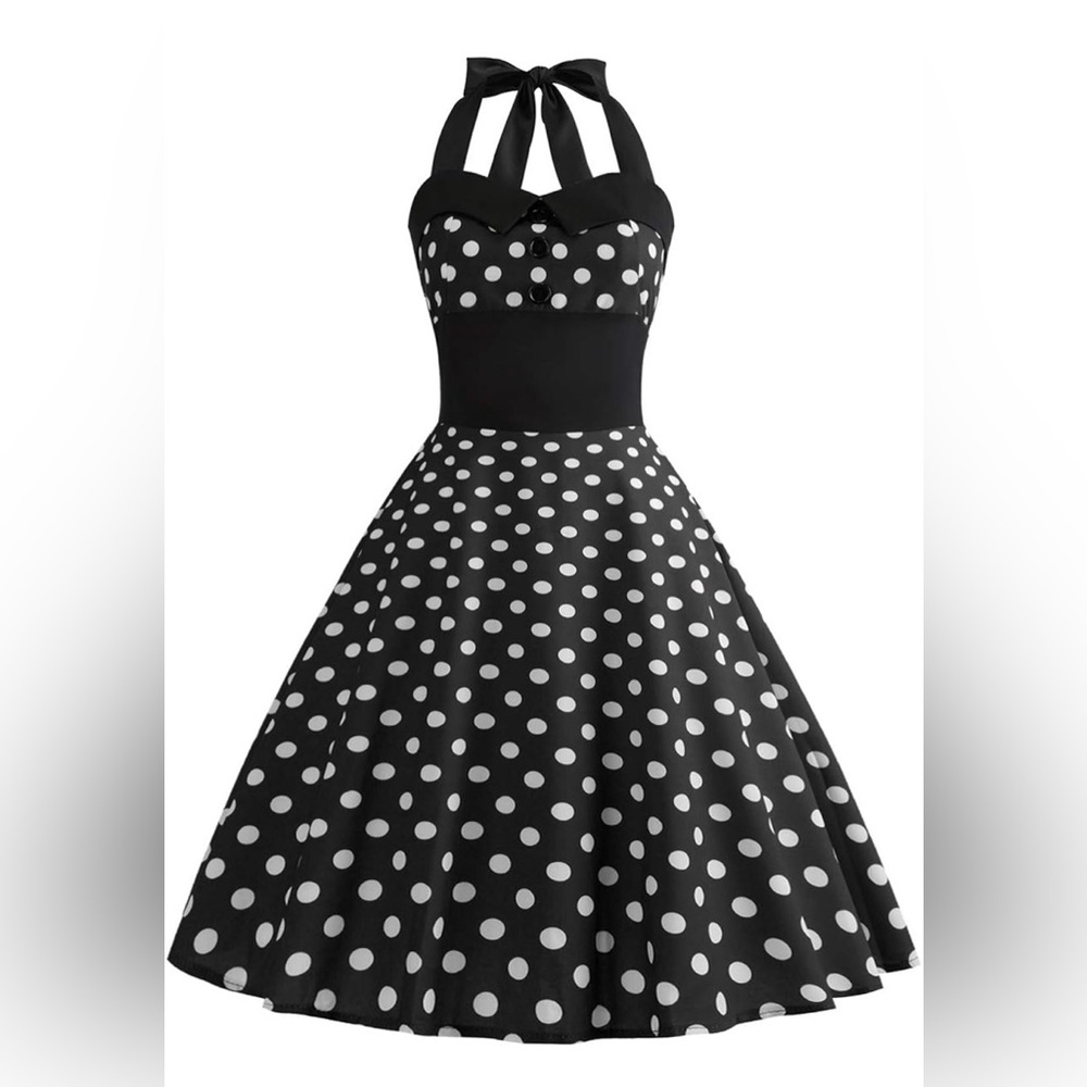 50s Vintage Polka Dot Halter Cocktail Swing Rockabilly Audrey Hepburn Dress Sz M